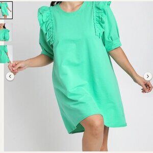 Umgee-Round Neck French Terry Dress with Pleats, & 3/4 Ruffle Sleeves-Emerald
